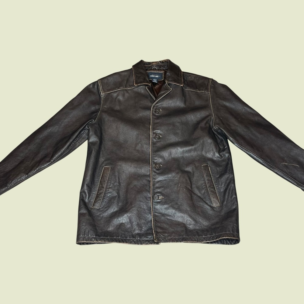 Vintage Cherokee Mens Brown 100% Genuine Leather Coat Button Front Jacket MEDIUM